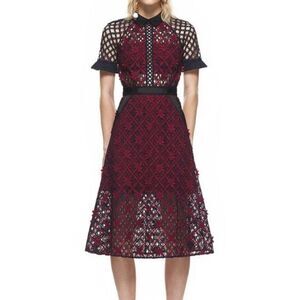 Self-Portrait Floral Grid Midi Dress Lace Collared US 2 UK 6 Extra Small